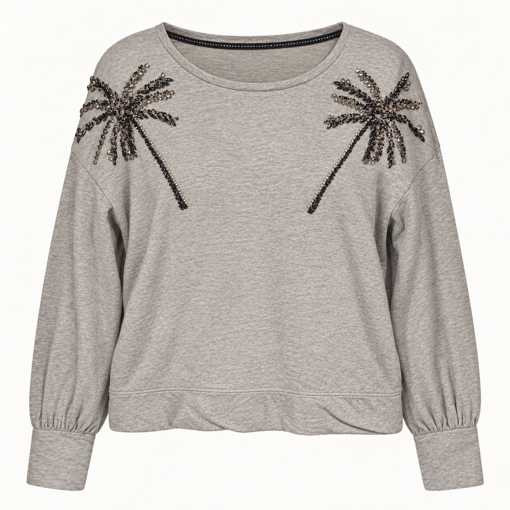 Lilly Pulitzer Sweatshirt S Gray Beaded Palm Tree Cotton Embellished Pullover